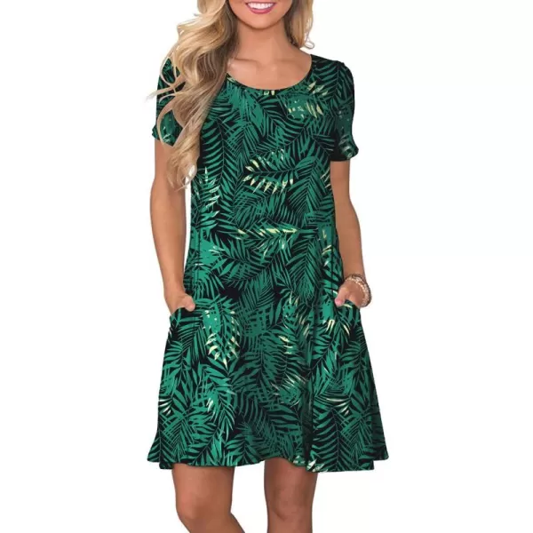 FZ FANTASTIC ZONE Womens Casual Summer T Shirt Dresses Short Sleeve Swing Dress with PocketsFloral Green Leaf