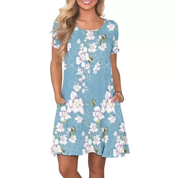 FZ FANTASTIC ZONE Womens Casual Summer T Shirt Dresses Short Sleeve Swing Dress with PocketsFloral Light Blue White
