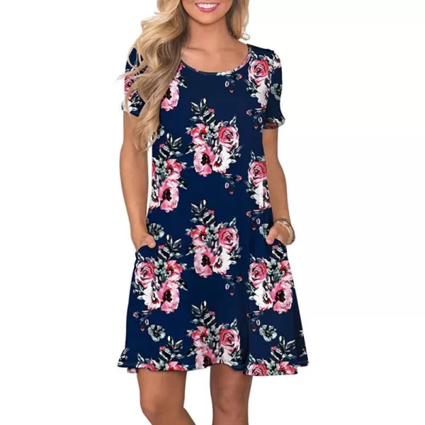 FZ FANTASTIC ZONE Womens Casual Summer T Shirt Dresses Short Sleeve Swing Dress with PocketsFloral Navy Blue Red