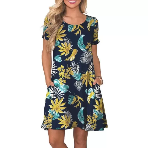 FZ FANTASTIC ZONE Womens Casual Summer T Shirt Dresses Short Sleeve Swing Dress with PocketsFloral Yellow Green Leaves
