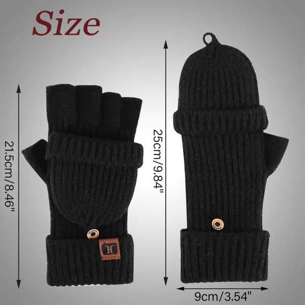 FZ FANTASTIC ZONE Womens Winter Knit Fingerless Work Gloves Convertible Mittens Warm for Cold dayA Black