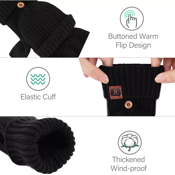 FZ FANTASTIC ZONE Womens Winter Knit Fingerless Work Gloves Convertible Mittens Warm for Cold dayA Black