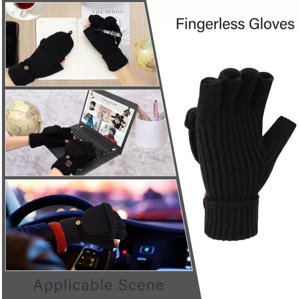 FZ FANTASTIC ZONE Womens Winter Knit Fingerless Work Gloves Convertible Mittens Warm for Cold dayA Black