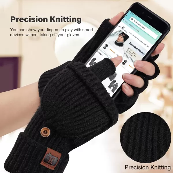 FZ FANTASTIC ZONE Womens Winter Knit Fingerless Work Gloves Convertible Mittens Warm for Cold dayA Black