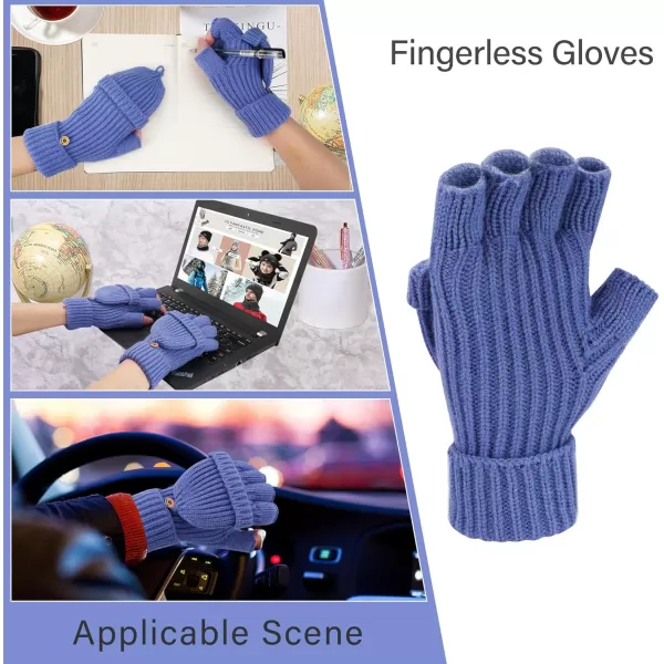 FZ FANTASTIC ZONE Womens Winter Knit Fingerless Work Gloves Convertible Mittens Warm for Cold dayA Denim Blue