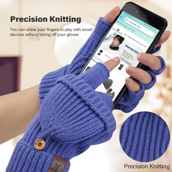 FZ FANTASTIC ZONE Womens Winter Knit Fingerless Work Gloves Convertible Mittens Warm for Cold dayA Denim Blue