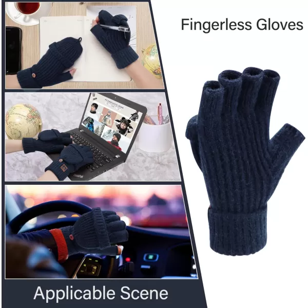 FZ FANTASTIC ZONE Womens Winter Knit Fingerless Work Gloves Convertible Mittens Warm for Cold dayA Navy Blue