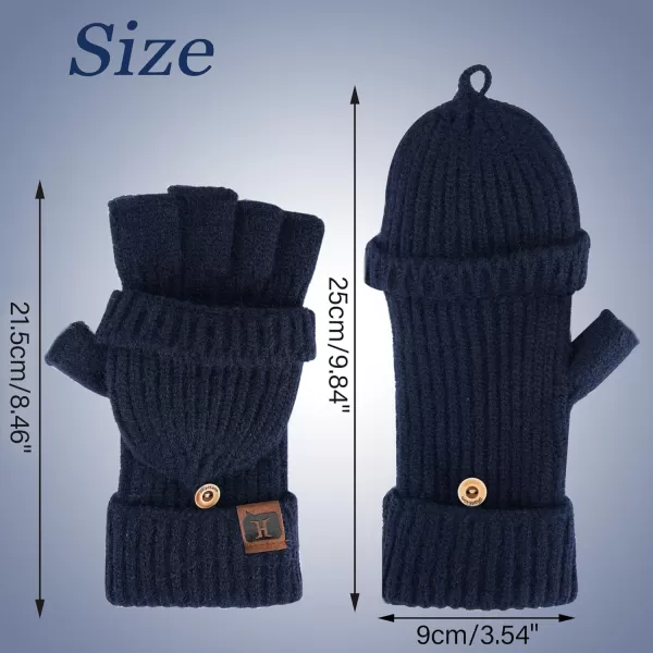 FZ FANTASTIC ZONE Womens Winter Knit Fingerless Work Gloves Convertible Mittens Warm for Cold dayA Navy Blue