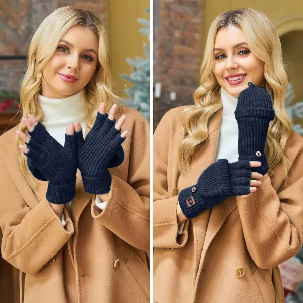 FZ FANTASTIC ZONE Womens Winter Knit Fingerless Work Gloves Convertible Mittens Warm for Cold dayA Navy Blue