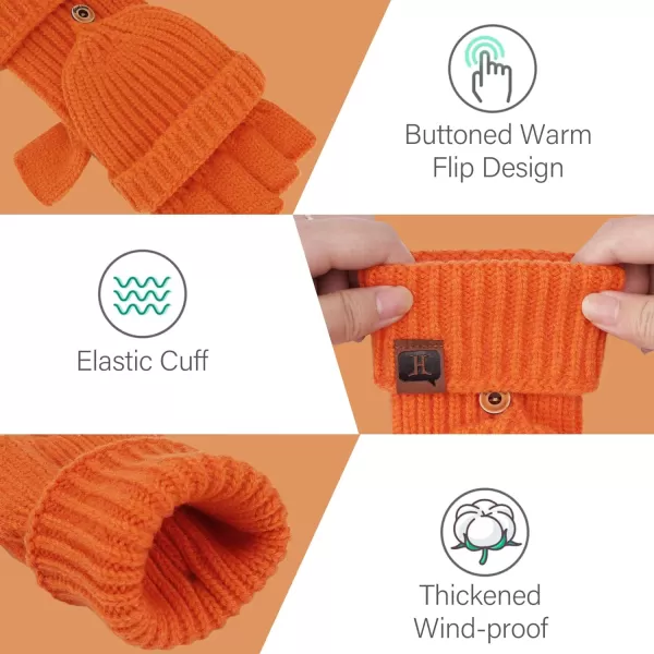 FZ FANTASTIC ZONE Womens Winter Knit Fingerless Work Gloves Convertible Mittens Warm for Cold dayA Orange