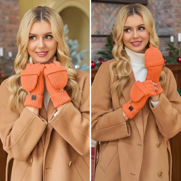 FZ FANTASTIC ZONE Womens Winter Knit Fingerless Work Gloves Convertible Mittens Warm for Cold dayA Orange