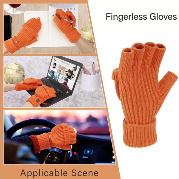 FZ FANTASTIC ZONE Womens Winter Knit Fingerless Work Gloves Convertible Mittens Warm for Cold dayA Orange