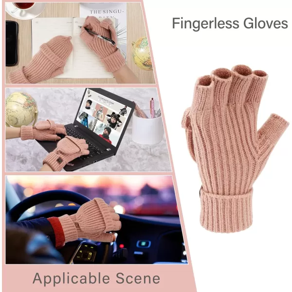 FZ FANTASTIC ZONE Womens Winter Knit Fingerless Work Gloves Convertible Mittens Warm for Cold dayA Pink