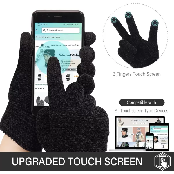 FZ FANTASTIC ZONE Womens Winter Touchscreen Gloves for Cold Weather Chenille Warm Knit GlovesBlack