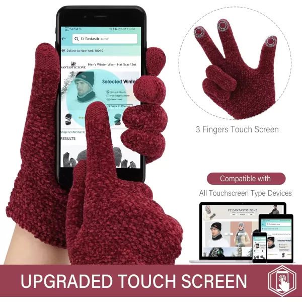 FZ FANTASTIC ZONE Womens Winter Touchscreen Gloves for Cold Weather Chenille Warm Knit GlovesWine Red