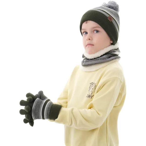 Kids Toddlers Winter Knit Warm Beanie Hat Scarf Gloves Set for Boys Girls Age 27 Pompom Cap Neck Warmer Gloves Fleece LinedArmy Green