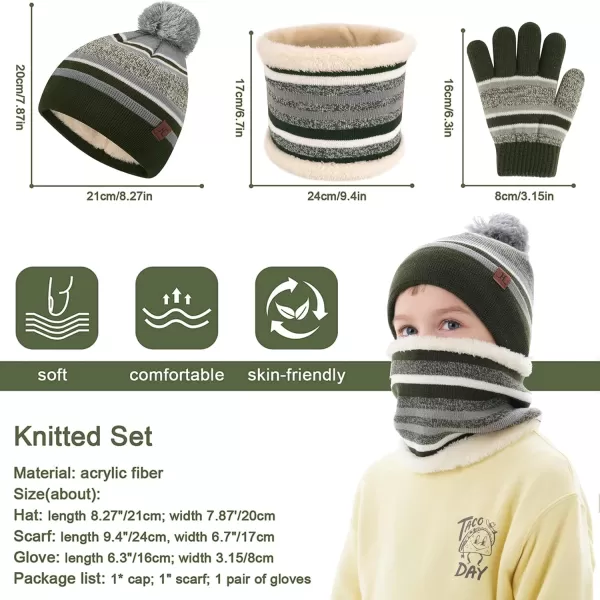 Kids Toddlers Winter Knit Warm Beanie Hat Scarf Gloves Set for Boys Girls Age 27 Pompom Cap Neck Warmer Gloves Fleece LinedArmy Green