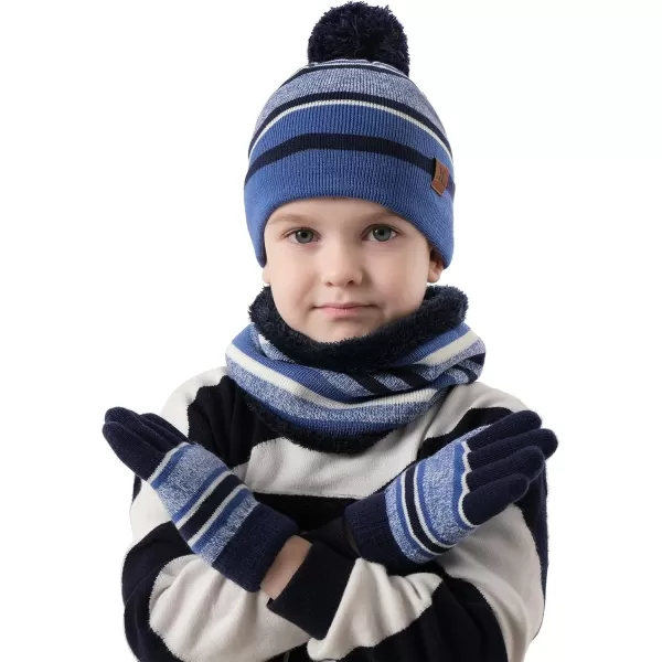Kids Toddlers Winter Knit Warm Beanie Hat Scarf Gloves Set for Boys Girls Age 27 Pompom Cap Neck Warmer Gloves Fleece LinedBlue