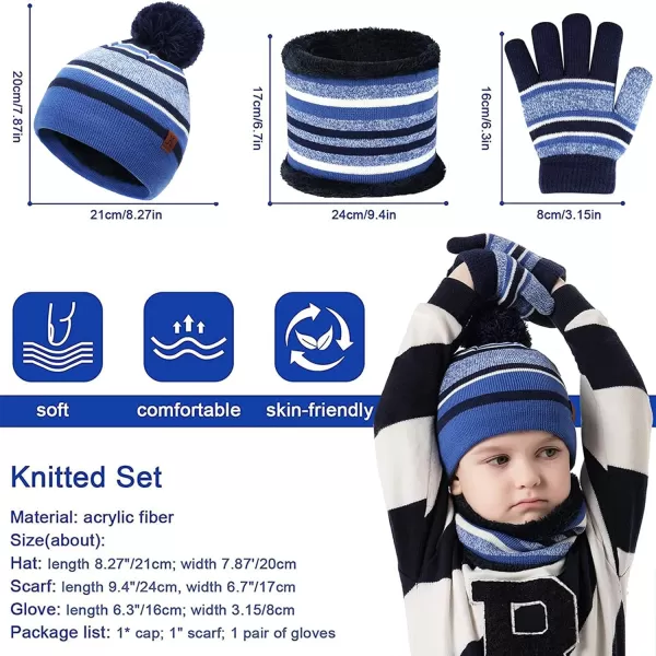 Kids Toddlers Winter Knit Warm Beanie Hat Scarf Gloves Set for Boys Girls Age 27 Pompom Cap Neck Warmer Gloves Fleece LinedBlue