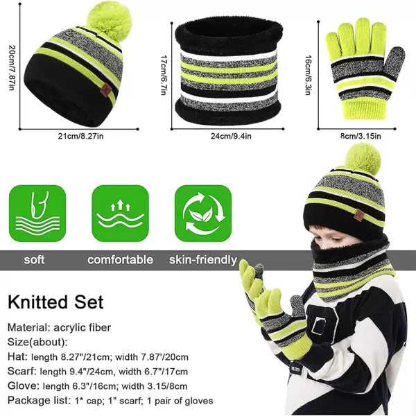 Kids Toddlers Winter Knit Warm Beanie Hat Scarf Gloves Set for Boys Girls Age 27 Pompom Cap Neck Warmer Gloves Fleece LinedGreen