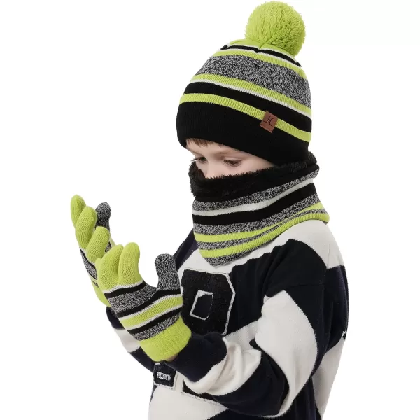 Kids Toddlers Winter Knit Warm Beanie Hat Scarf Gloves Set for Boys Girls Age 27 Pompom Cap Neck Warmer Gloves Fleece LinedGreen