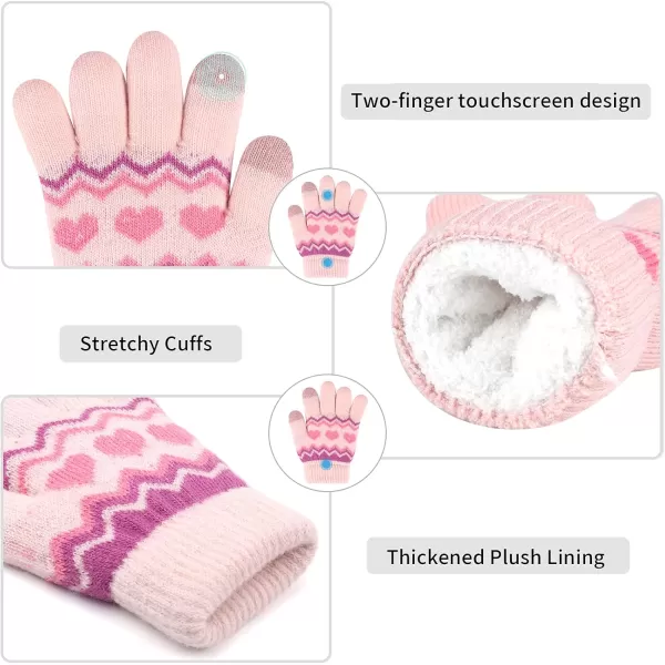 Kids Toddlers Winter Knit Warm Beanie Hat Scarf Gloves Set for Boys Girls Age 27 Pompom Cap Neck Warmer Gloves Fleece LinedHeart Pattern Pink