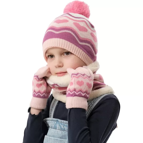 Kids Toddlers Winter Knit Warm Beanie Hat Scarf Gloves Set for Boys Girls Age 27 Pompom Cap Neck Warmer Gloves Fleece LinedHeart Pattern Pink