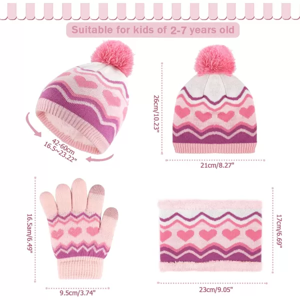 Kids Toddlers Winter Knit Warm Beanie Hat Scarf Gloves Set for Boys Girls Age 27 Pompom Cap Neck Warmer Gloves Fleece LinedHeart Pattern Pink