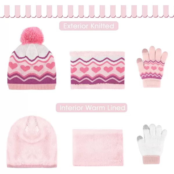 Kids Toddlers Winter Knit Warm Beanie Hat Scarf Gloves Set for Boys Girls Age 27 Pompom Cap Neck Warmer Gloves Fleece LinedHeart Pattern Pink