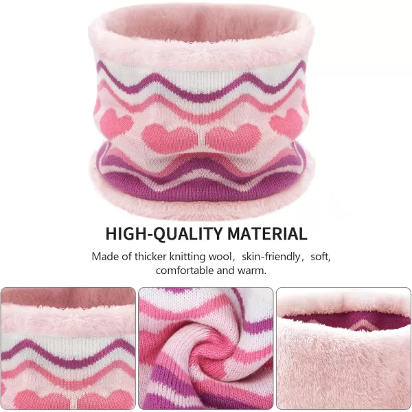 Kids Toddlers Winter Knit Warm Beanie Hat Scarf Gloves Set for Boys Girls Age 27 Pompom Cap Neck Warmer Gloves Fleece LinedHeart Pattern Pink
