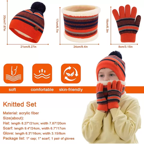 Kids Toddlers Winter Knit Warm Beanie Hat Scarf Gloves Set for Boys Girls Age 27 Pompom Cap Neck Warmer Gloves Fleece LinedOrange