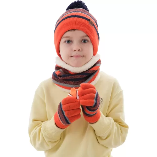 Kids Toddlers Winter Knit Warm Beanie Hat Scarf Gloves Set for Boys Girls Age 27 Pompom Cap Neck Warmer Gloves Fleece LinedOrange