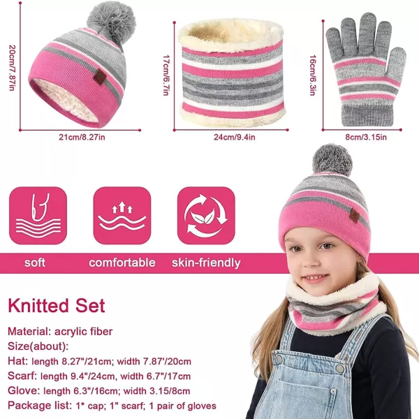 Kids Toddlers Winter Knit Warm Beanie Hat Scarf Gloves Set for Boys Girls Age 27 Pompom Cap Neck Warmer Gloves Fleece LinedPink