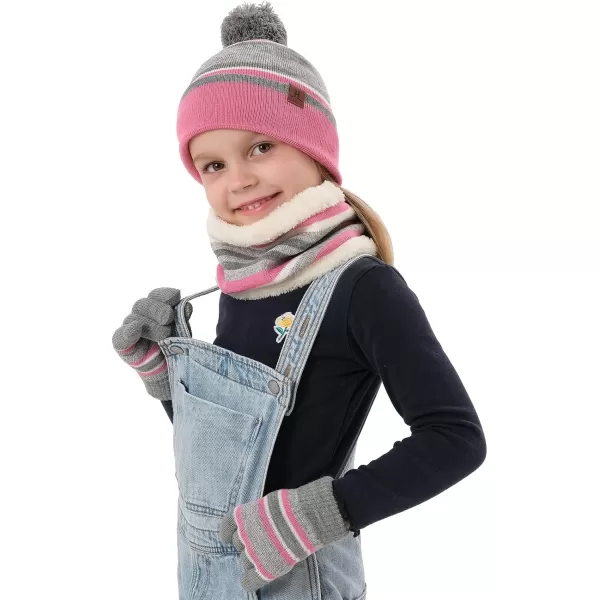 Kids Toddlers Winter Knit Warm Beanie Hat Scarf Gloves Set for Boys Girls Age 27 Pompom Cap Neck Warmer Gloves Fleece LinedPink