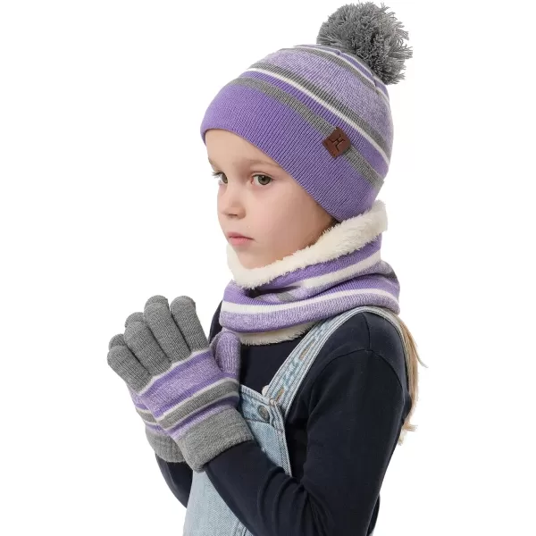 Kids Toddlers Winter Knit Warm Beanie Hat Scarf Gloves Set for Boys Girls Age 27 Pompom Cap Neck Warmer Gloves Fleece LinedPurple