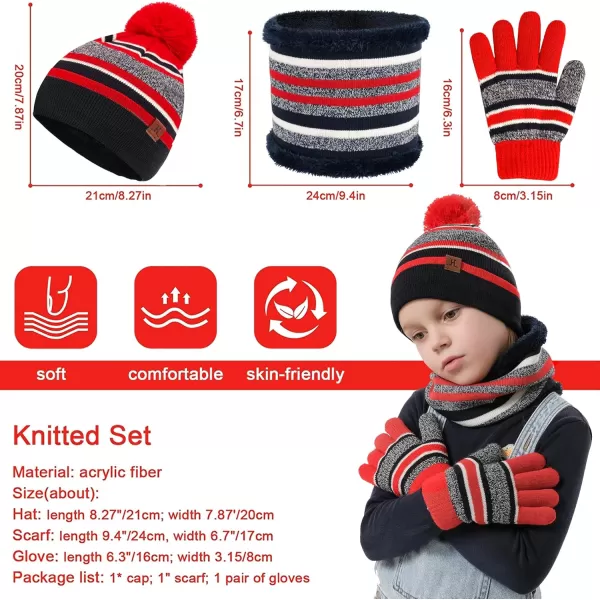 Kids Toddlers Winter Knit Warm Beanie Hat Scarf Gloves Set for Boys Girls Age 27 Pompom Cap Neck Warmer Gloves Fleece LinedRed