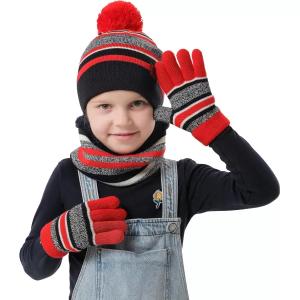 Kids Toddlers Winter Knit Warm Beanie Hat Scarf Gloves Set for Boys Girls Age 27 Pompom Cap Neck Warmer Gloves Fleece LinedRed