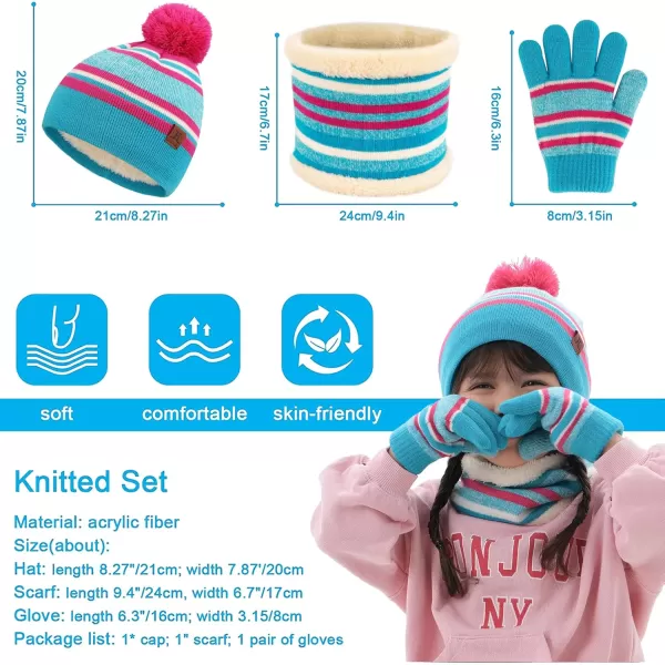 Kids Toddlers Winter Knit Warm Beanie Hat Scarf Gloves Set for Boys Girls Age 27 Pompom Cap Neck Warmer Gloves Fleece LinedSky Blue