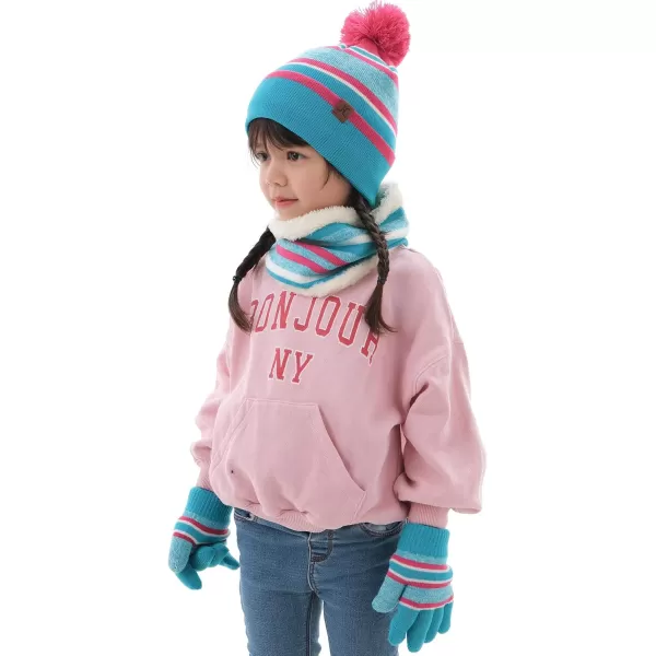 Kids Toddlers Winter Knit Warm Beanie Hat Scarf Gloves Set for Boys Girls Age 27 Pompom Cap Neck Warmer Gloves Fleece LinedSky Blue