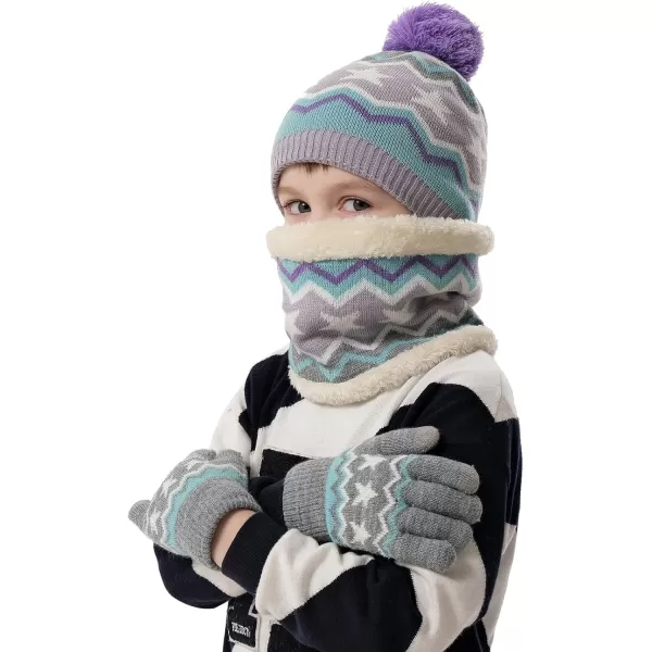 Kids Toddlers Winter Knit Warm Beanie Hat Scarf Gloves Set for Boys Girls Age 27 Pompom Cap Neck Warmer Gloves Fleece LinedStar Pattern Purple