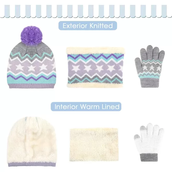 Kids Toddlers Winter Knit Warm Beanie Hat Scarf Gloves Set for Boys Girls Age 27 Pompom Cap Neck Warmer Gloves Fleece LinedStar Pattern Purple