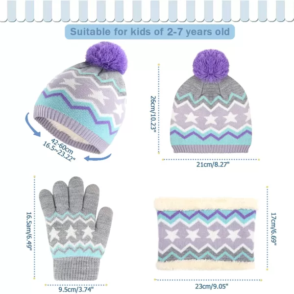 Kids Toddlers Winter Knit Warm Beanie Hat Scarf Gloves Set for Boys Girls Age 27 Pompom Cap Neck Warmer Gloves Fleece LinedStar Pattern Purple
