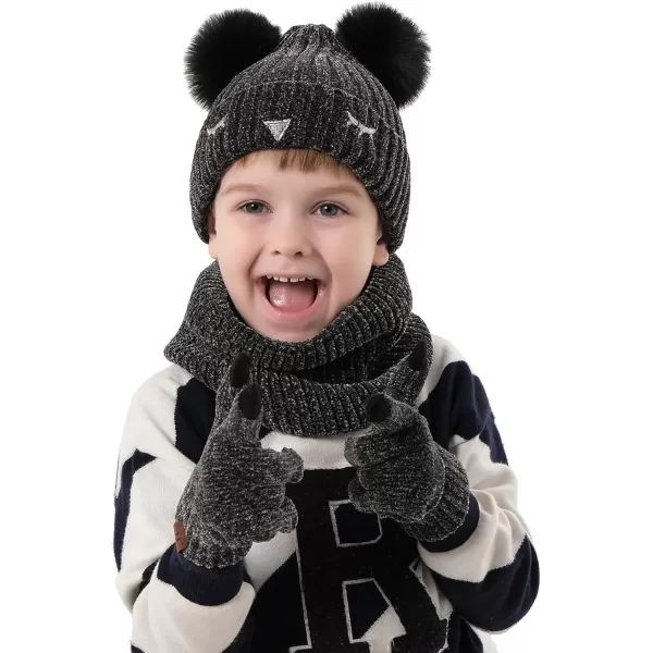 Toddler Boys Girls Winter Warm Knit Beanie Hat Neck Scarf Touchscreen Gloves with Fleece Lined Cap for 310 Year Kid GiftsA Black1