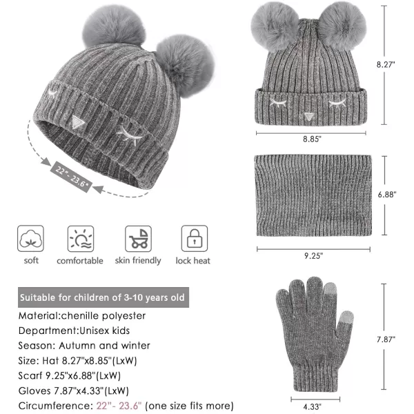 Toddler Boys Girls Winter Warm Knit Beanie Hat Neck Scarf Touchscreen Gloves with Fleece Lined Cap for 310 Year Kid GiftsA Grey