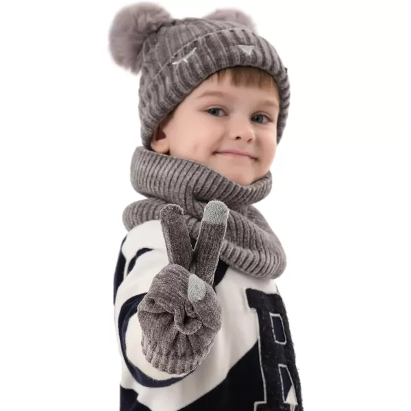 Toddler Boys Girls Winter Warm Knit Beanie Hat Neck Scarf Touchscreen Gloves with Fleece Lined Cap for 310 Year Kid GiftsA Grey