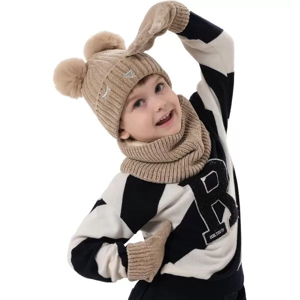 Toddler Boys Girls Winter Warm Knit Beanie Hat Neck Scarf Touchscreen Gloves with Fleece Lined Cap for 310 Year Kid GiftsA Light Khaki
