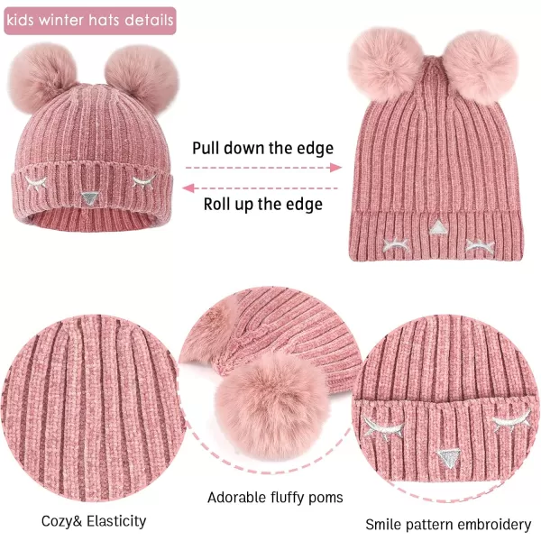 Toddler Boys Girls Winter Warm Knit Beanie Hat Neck Scarf Touchscreen Gloves with Fleece Lined Cap for 310 Year Kid GiftsA Pink