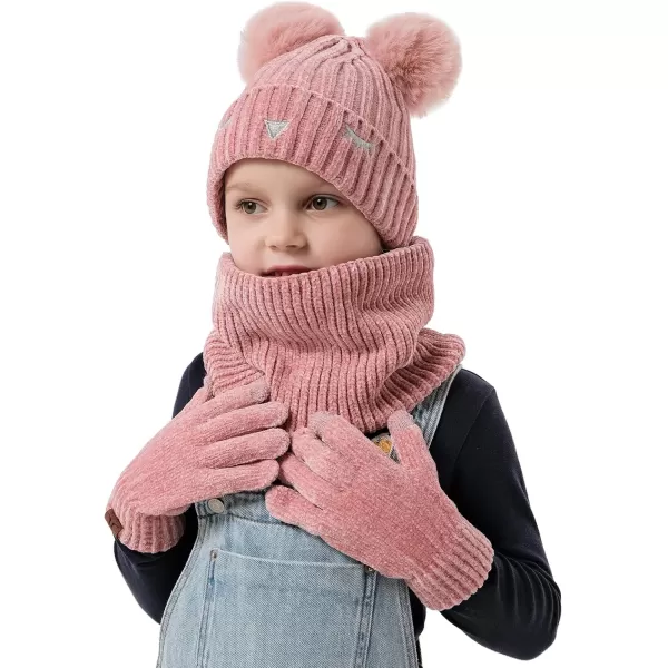 Toddler Boys Girls Winter Warm Knit Beanie Hat Neck Scarf Touchscreen Gloves with Fleece Lined Cap for 310 Year Kid GiftsA Pink