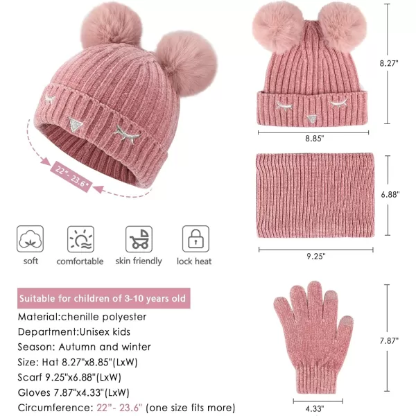 Toddler Boys Girls Winter Warm Knit Beanie Hat Neck Scarf Touchscreen Gloves with Fleece Lined Cap for 310 Year Kid GiftsA Pink