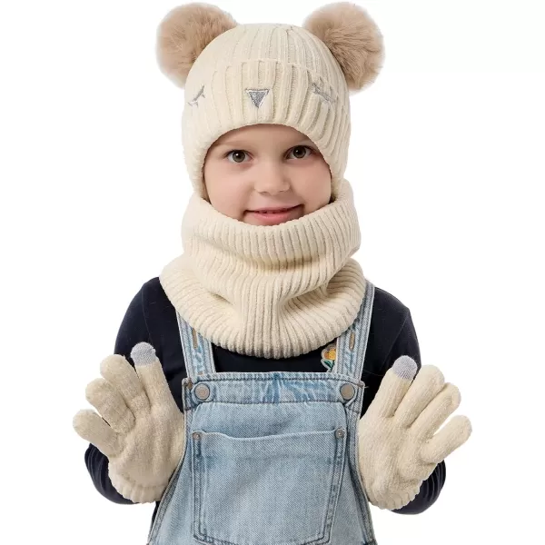 Toddler Boys Girls Winter Warm Knit Beanie Hat Neck Scarf Touchscreen Gloves with Fleece Lined Cap for 310 Year Kid GiftsA White